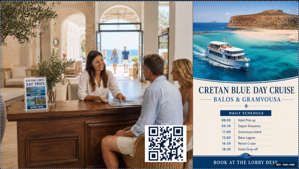 Hotel lobby booking a Cretan Blue day cruise from the screen