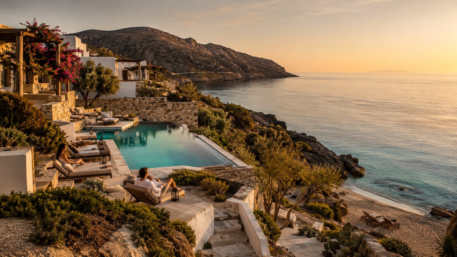 Mediterranean resort terraces and infinity pool at sunset