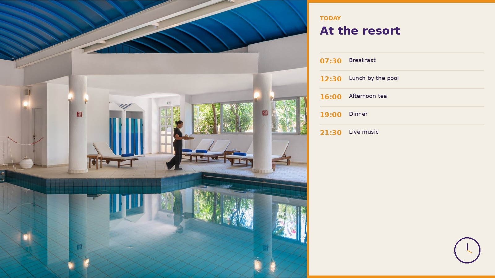 Resort lobby layout with today’s hours