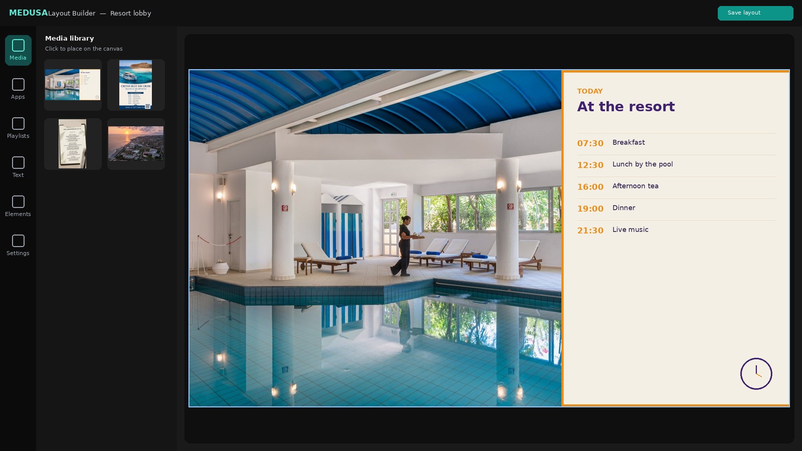 Medusa Layout Builder with a resort lobby layout on the canvas and Media, Apps, Playlists, Text, Elements, and Settings in the left rail
