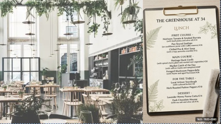 Greenhouse restaurant interior with the lunch menu on screen